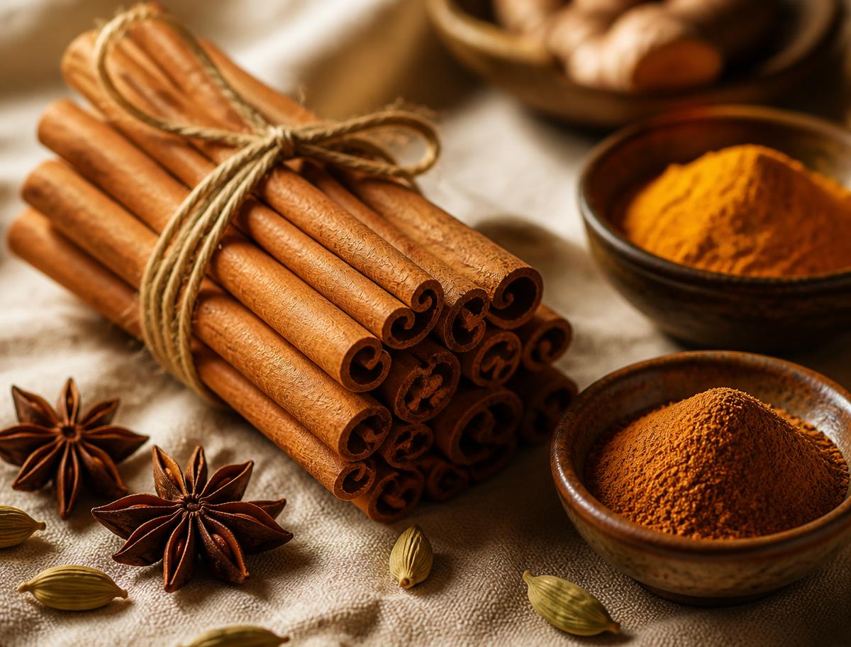 Skaga Hendur quills and ground spices on a warm linen surface